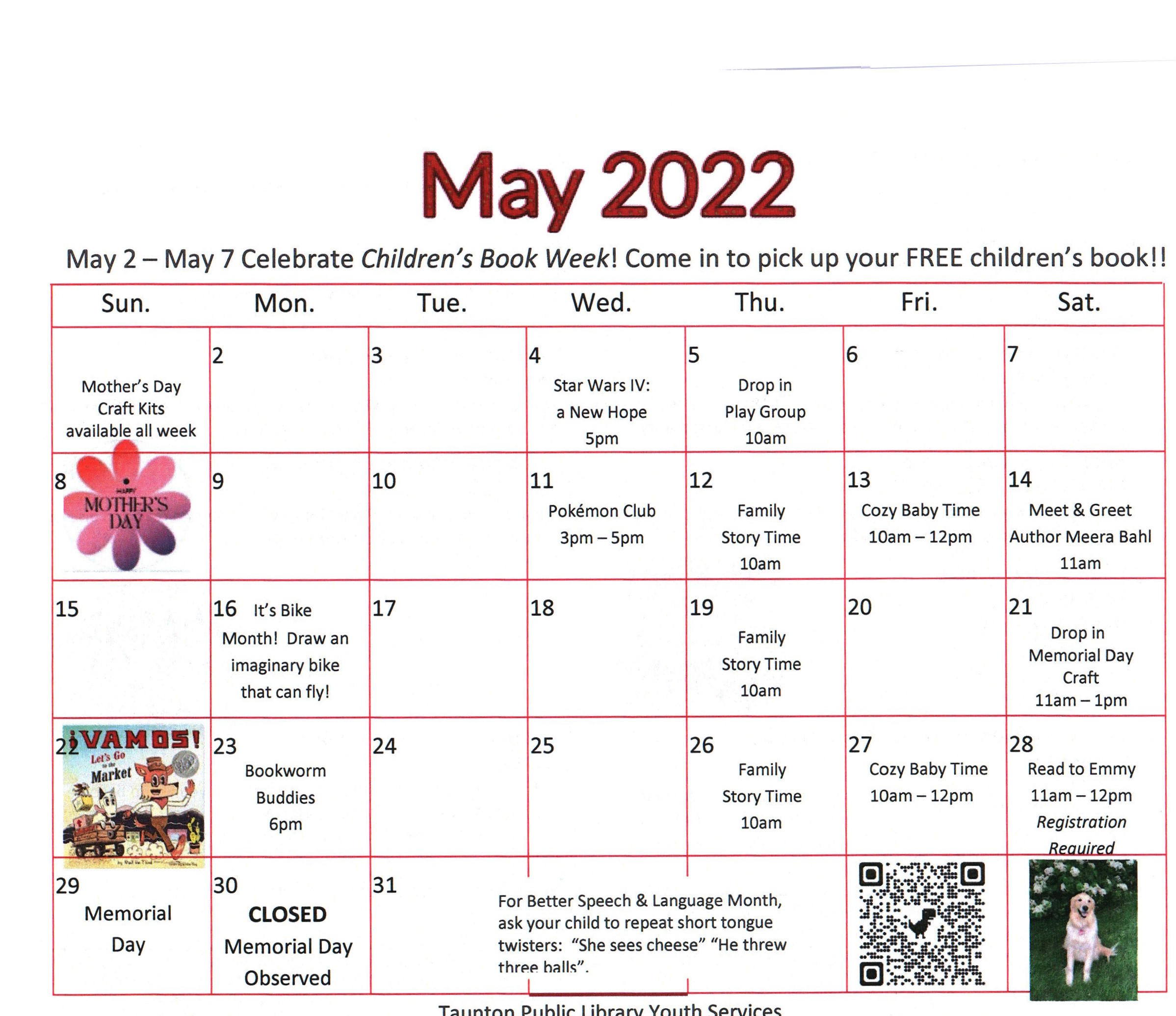 Calendar of events for Youth Services arranged for May 2022