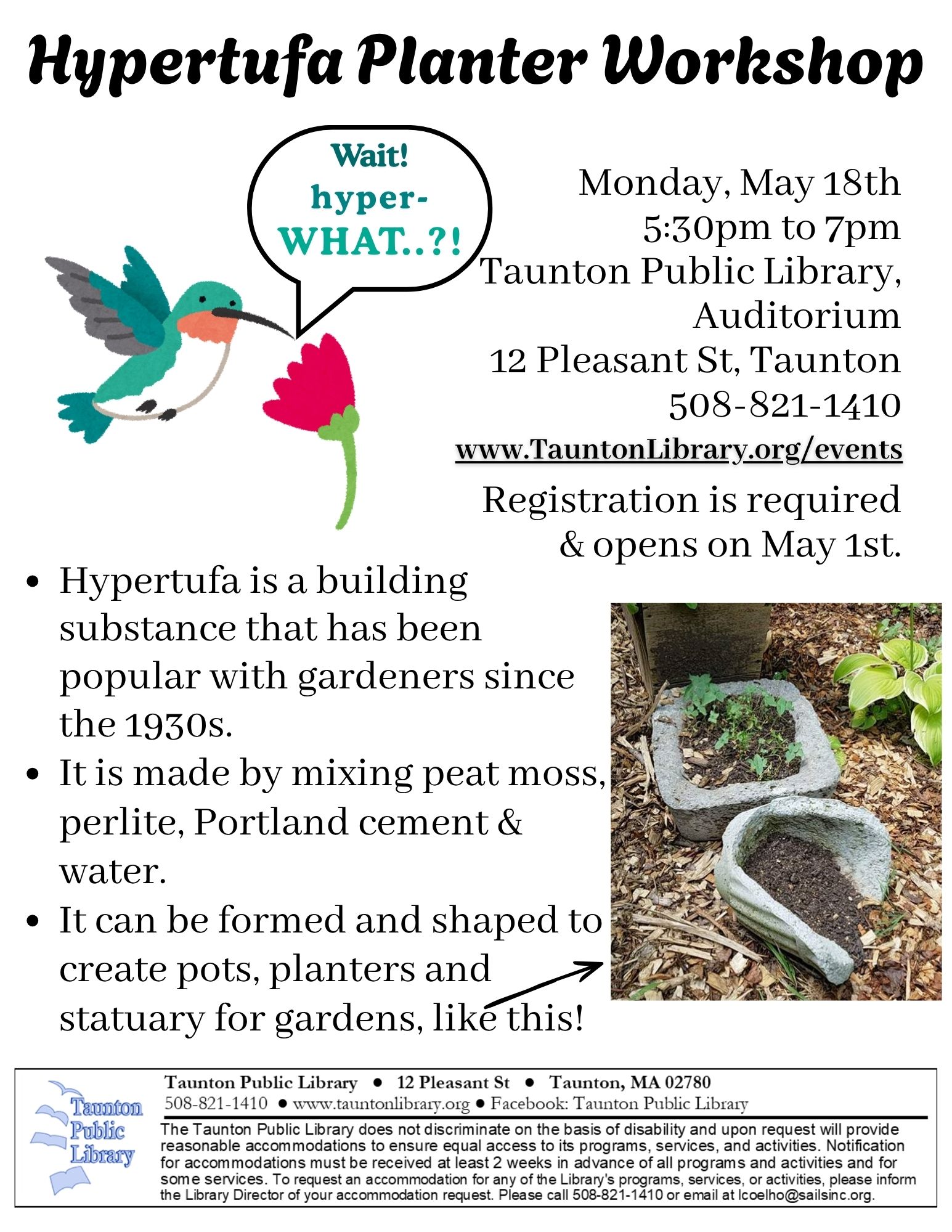 Flyer for a hypertufa planter workshop.