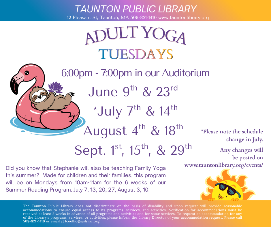 Flyer for adult yoga dates this summer.