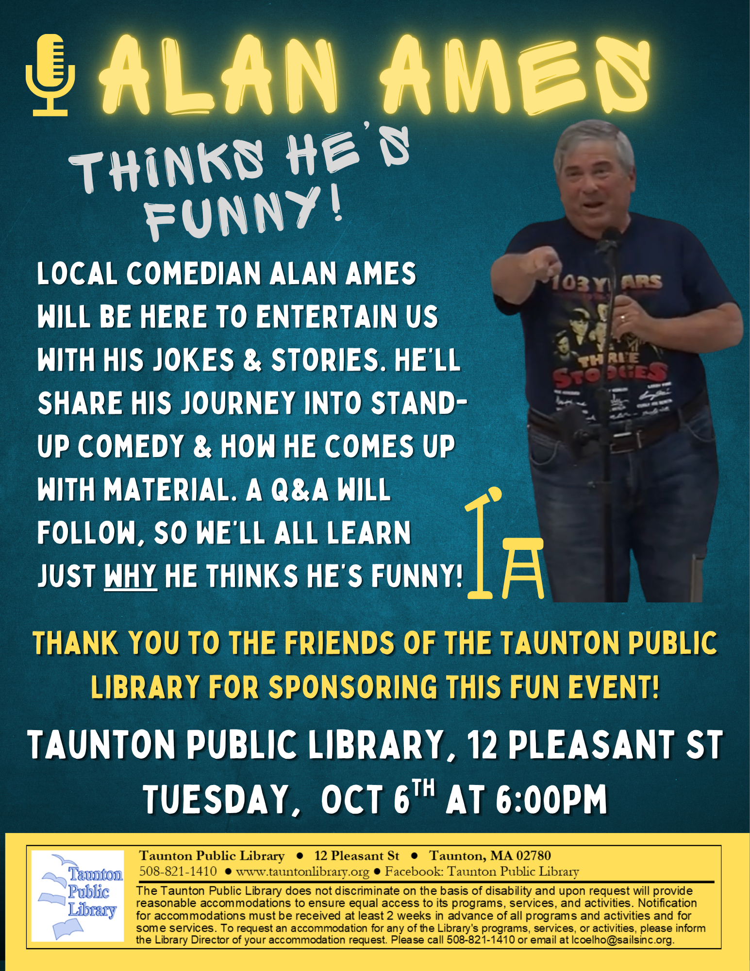 Alan Ames comedy presentation flyer, 6pm on October 6, at the TPL