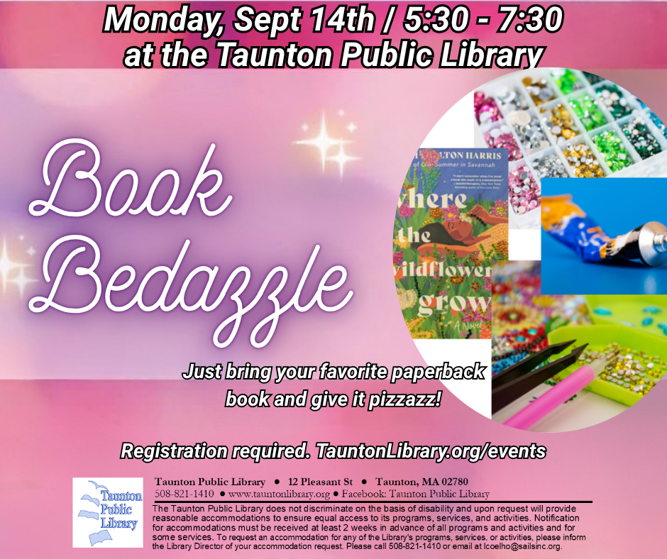 Book Bedazzle event flyer for september 14 at 5:30pm.