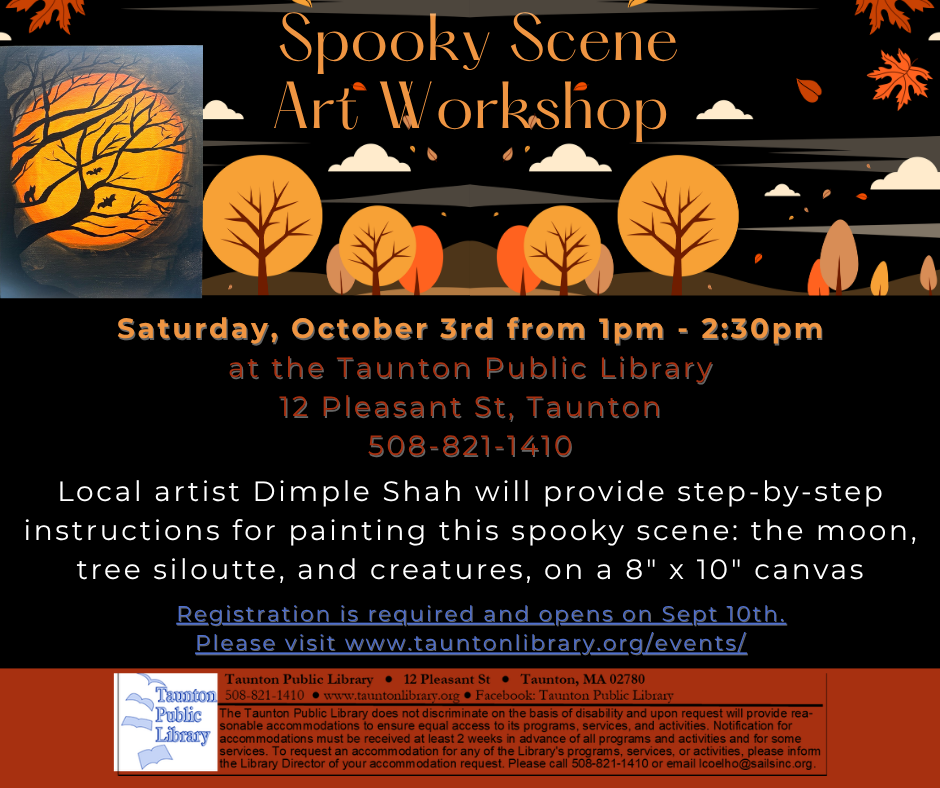 Spooky painting workshop flyer for october 3rd at 1pm.