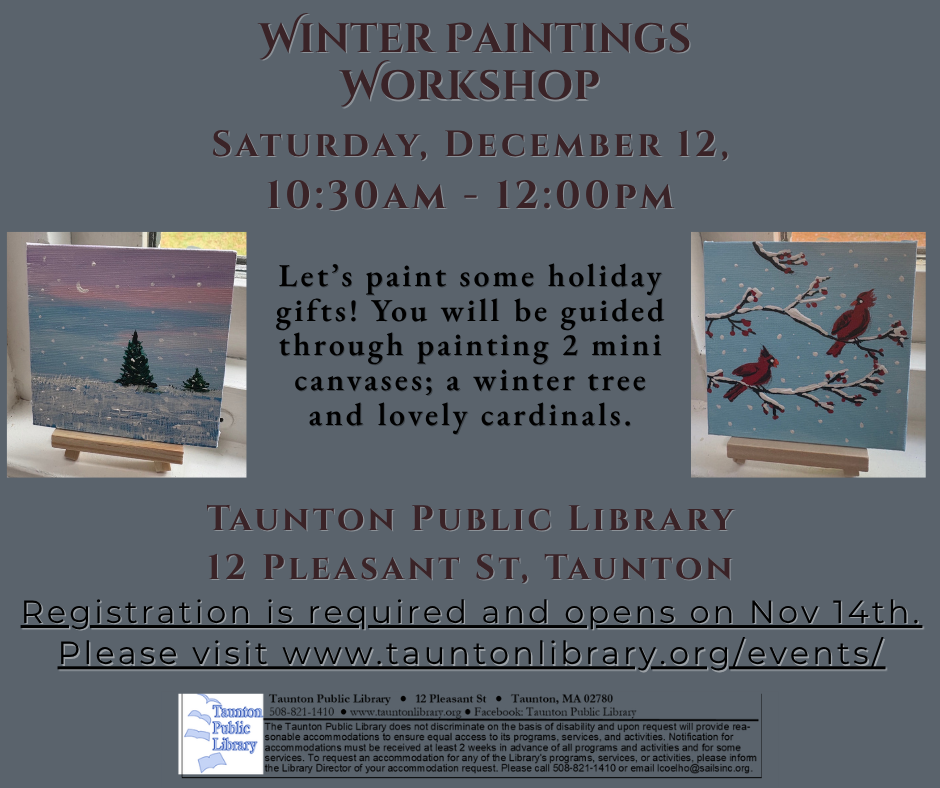 Winter paintings workshop flyer for december 12th at 10:30am