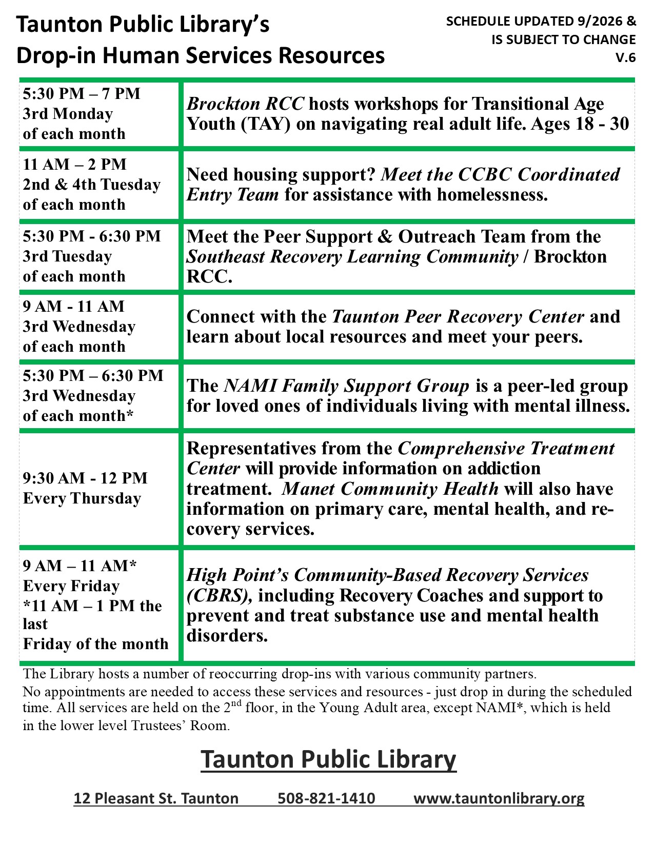 Version 6 of the human services drop in schedule.